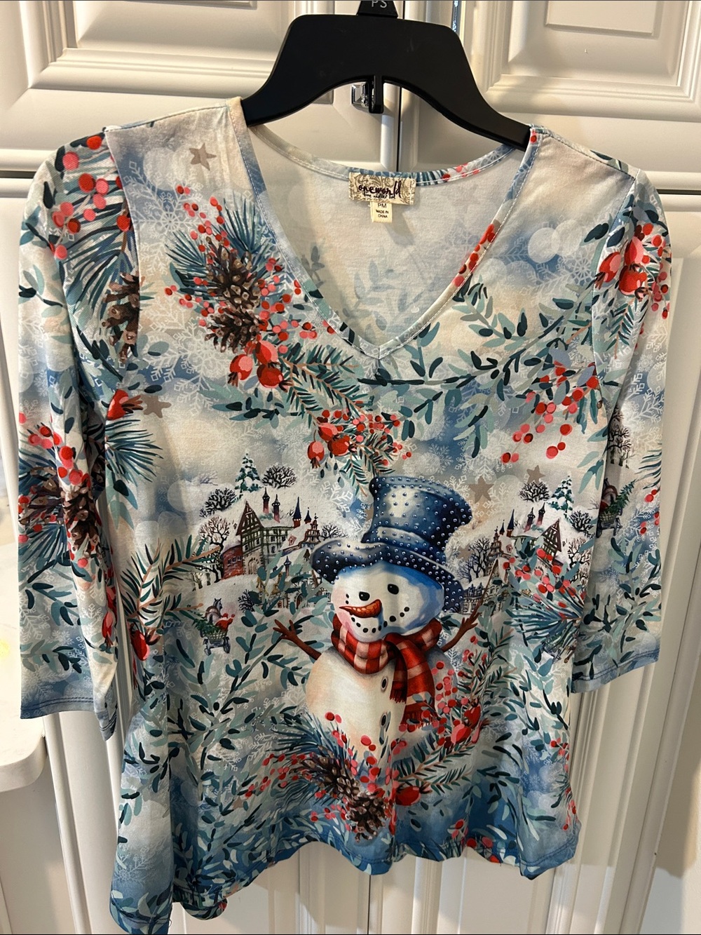 ONE WORLD Women's Blue Multi Snowman V-Neck Long Sleeve Top